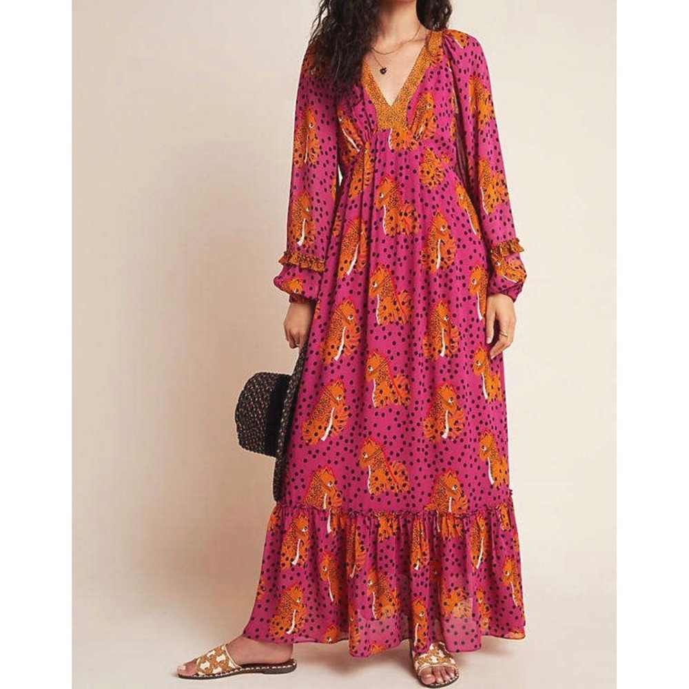 Farm Rio Anthropologie Cheetah Maxi Dress Polka Dot Pink XS Petite Chic Boho